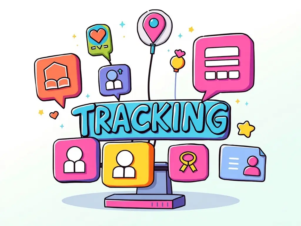 A visual representation of an event-based tracking system with icons of user actions.