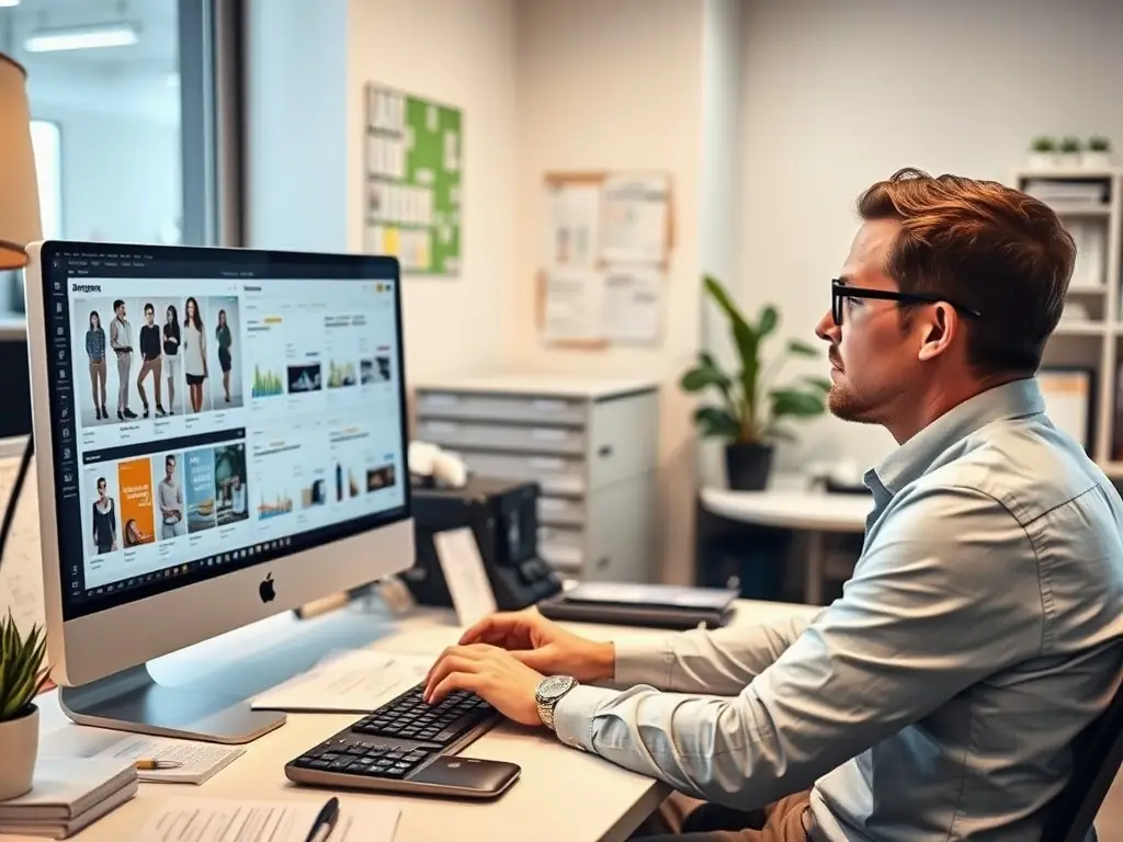 An Amazon marketplace expert optimizing product listings on a computer.