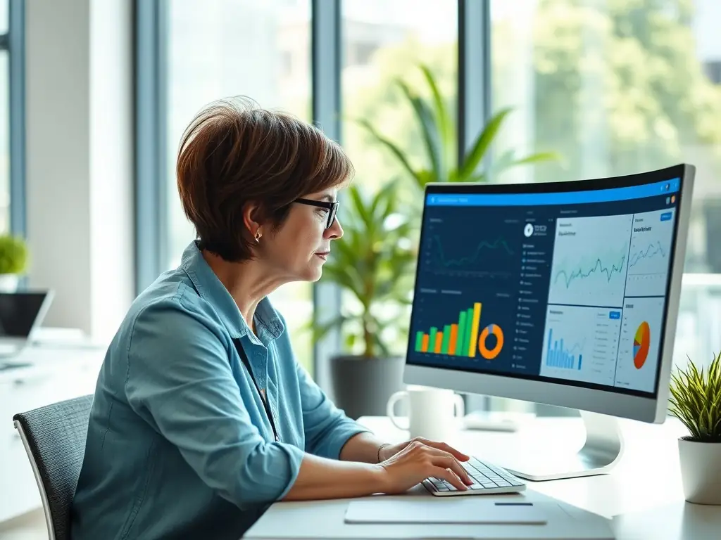 Digital marketing consultant analyzing data on a computer screen using Google Looker Studio, with charts and graphs visible.