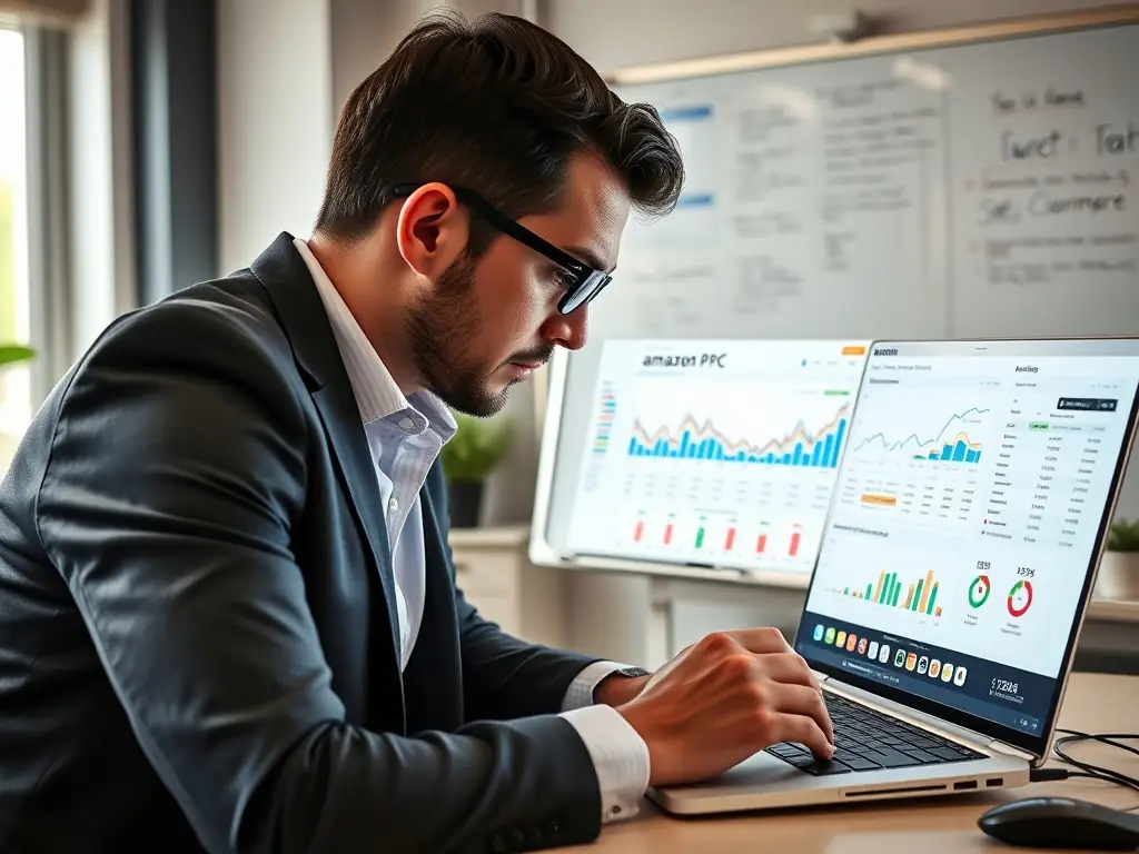 A digital marketing consultant analyzing Amazon PPC campaign data on a laptop.