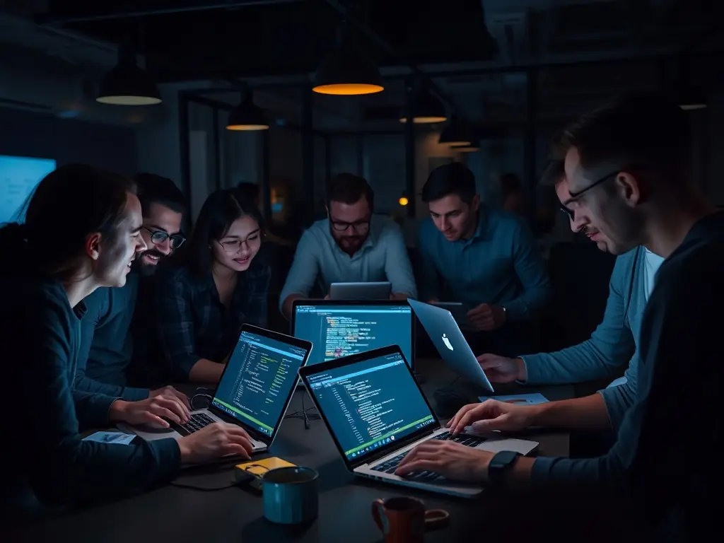 A team of developers collaborating on a mobile app project, showcasing teamwork and innovation.