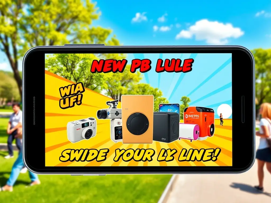 A smartphone displaying a colorful carousel ad for a new product line in a sunny park.