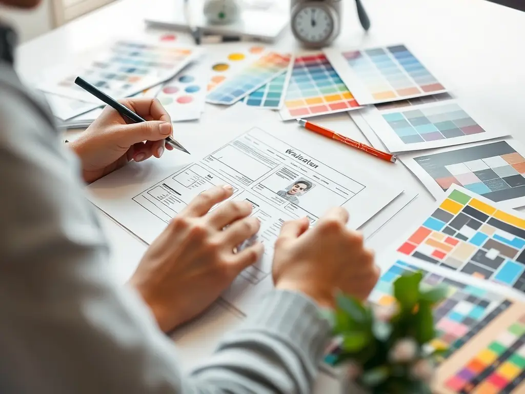 A designer sketching a website layout with design tools.