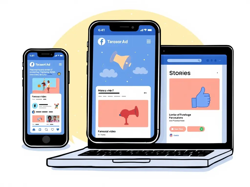 Various Facebook Ad formats displayed on different devices.