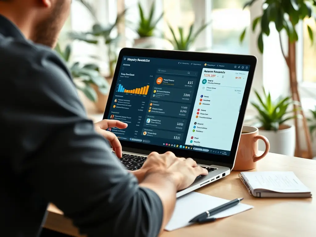 A digital marketer using keyword research tools on a laptop in a bright office.