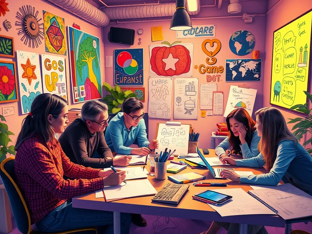 A creative team brainstorming content ideas in a vibrant workspace.