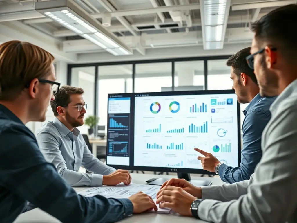 A team of IT professionals collaborating on a project plan, with digital tools and charts displayed on screens.