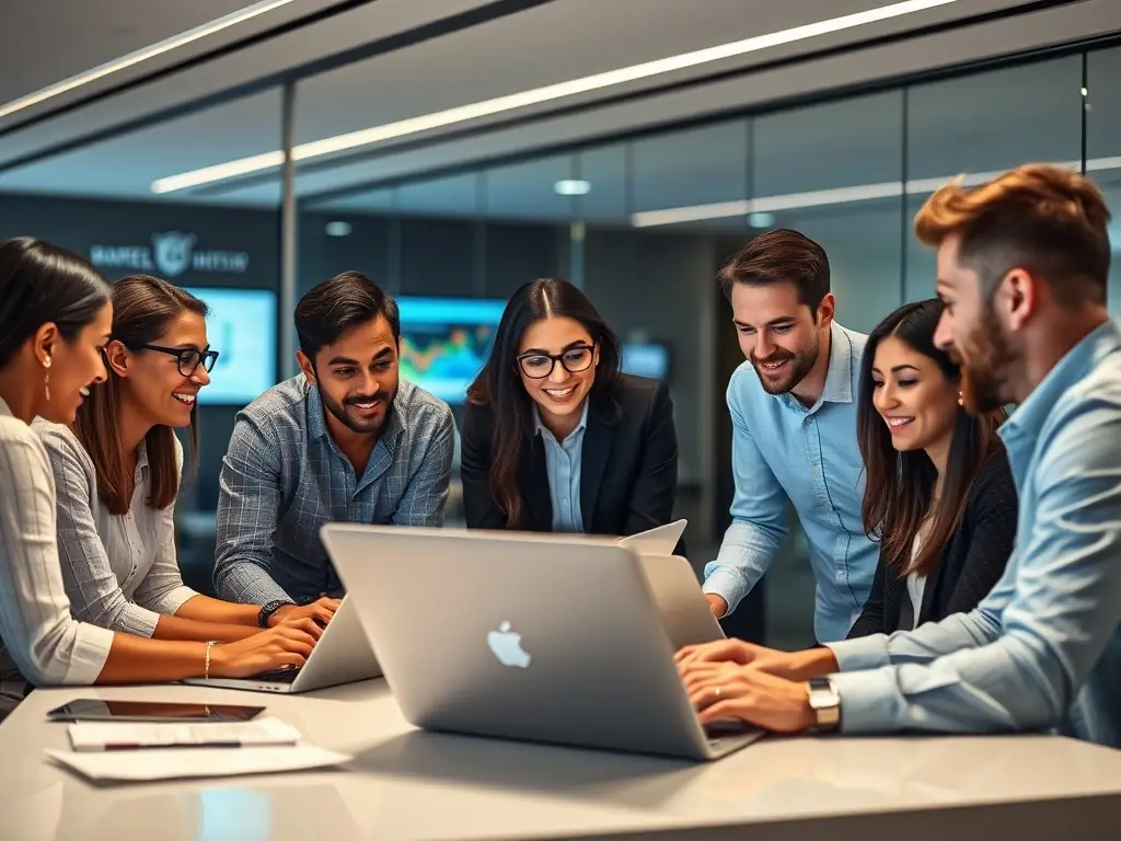 A team of digital marketers analyzing data in a modern office.