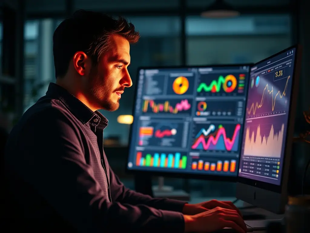 Digital marketing consultant analyzing data on a custom software dashboard.