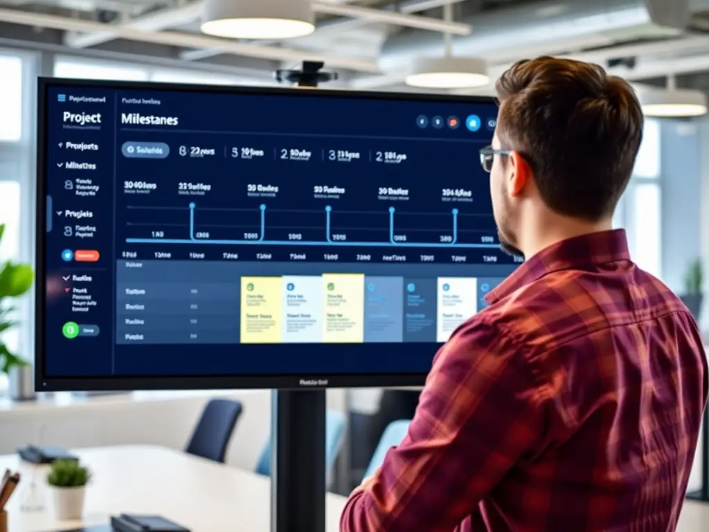 A project manager reviewing a project timeline on a digital dashboard.
