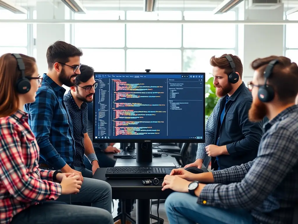 A high-resolution image depicting a diverse team of ITIMPRESS web developers collaborating around a large monitor displaying website code and design mockups, set in a modern, open-plan office environment.