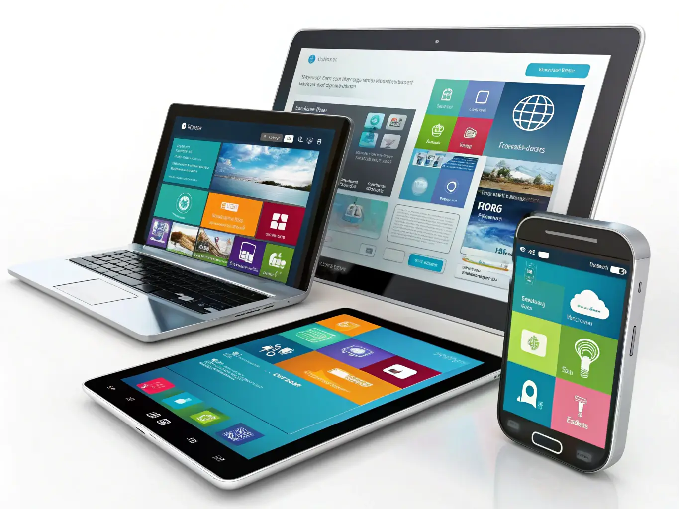 An illustration of various mobile devices (smartphones and tablets) displaying different types of apps, representing the diversity of ITIMPRESS's mobile app development capabilities.