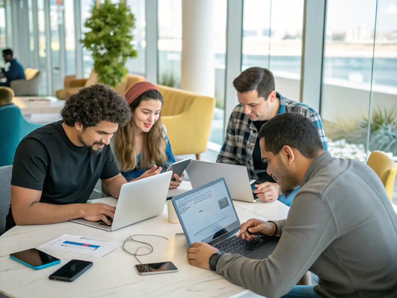 A professional photograph of a team of mobile app developers collaborating on a project in a modern office setting, showcasing their expertise and teamwork.