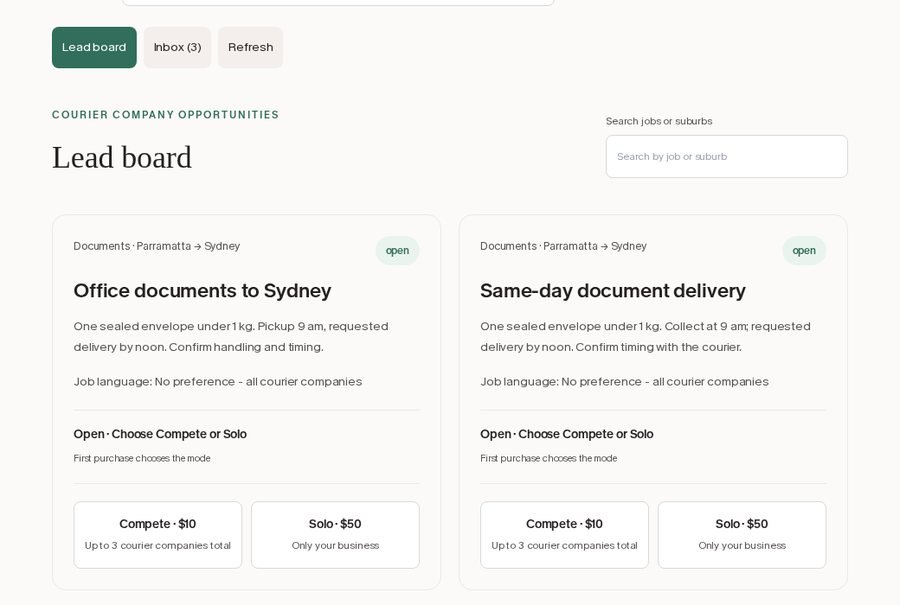 Courier lead marketplace screenshot