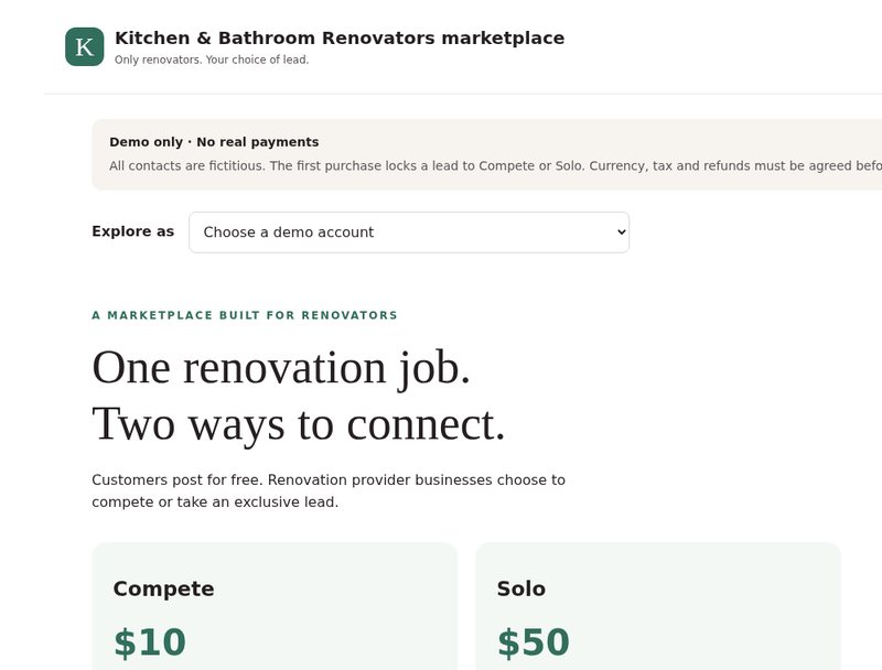 Kitchen & bathroom renovators marketplace screenshot